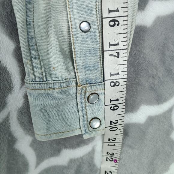 AllSaints Raine Denim Shirt Womens 0 Blue Hand Embellished Distressed Beaded - Picture 8 of 14